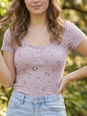 wild fable Lavender Floral Ribbed Scoop Neck Short Sleeve Top Sz XL